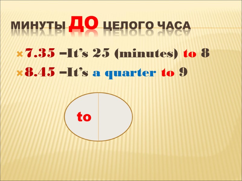 минуты до целого часа 7.35 –It’s 25 (minutes) to 8 8.45 –It’s a quarter